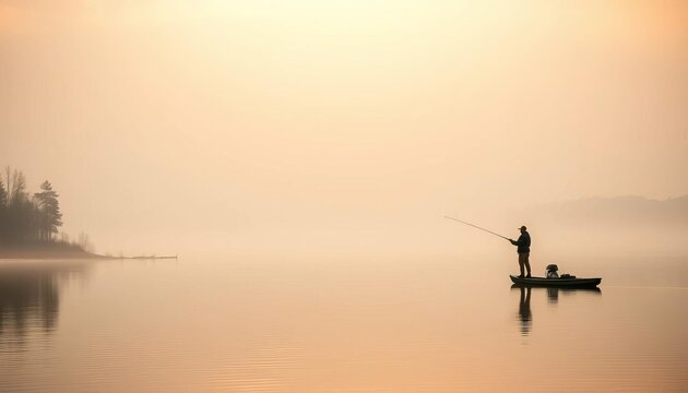 Serene lake, foggy sky, solitary angler enjoying peaceful morning, retirement, relaxation - Powered by Adobe