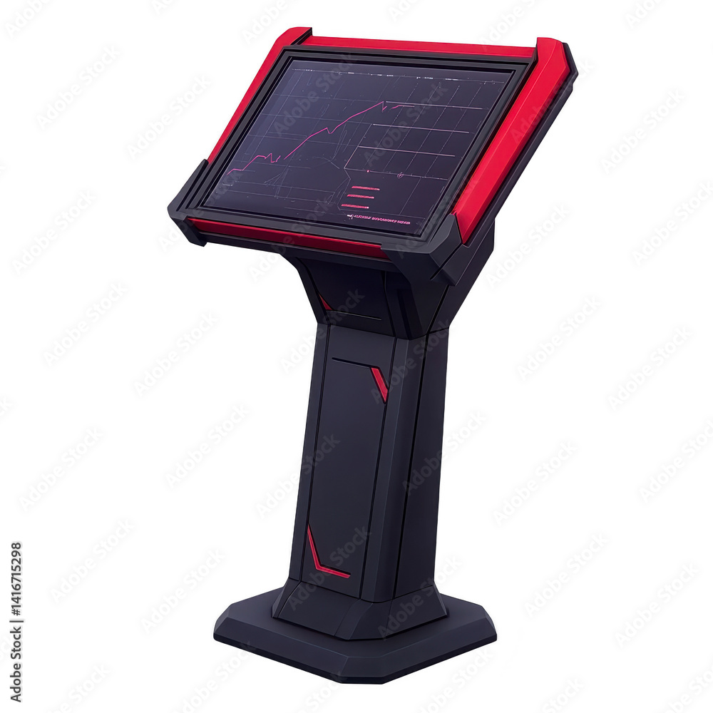 Poster sleek, futuristic touchscreen kiosk with red and black design displays digital graph interface. mode