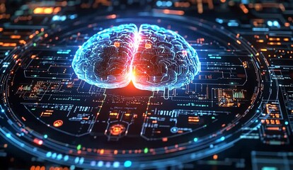Futuristic digital brain with glowing circuits and data streams in a high-tech environment