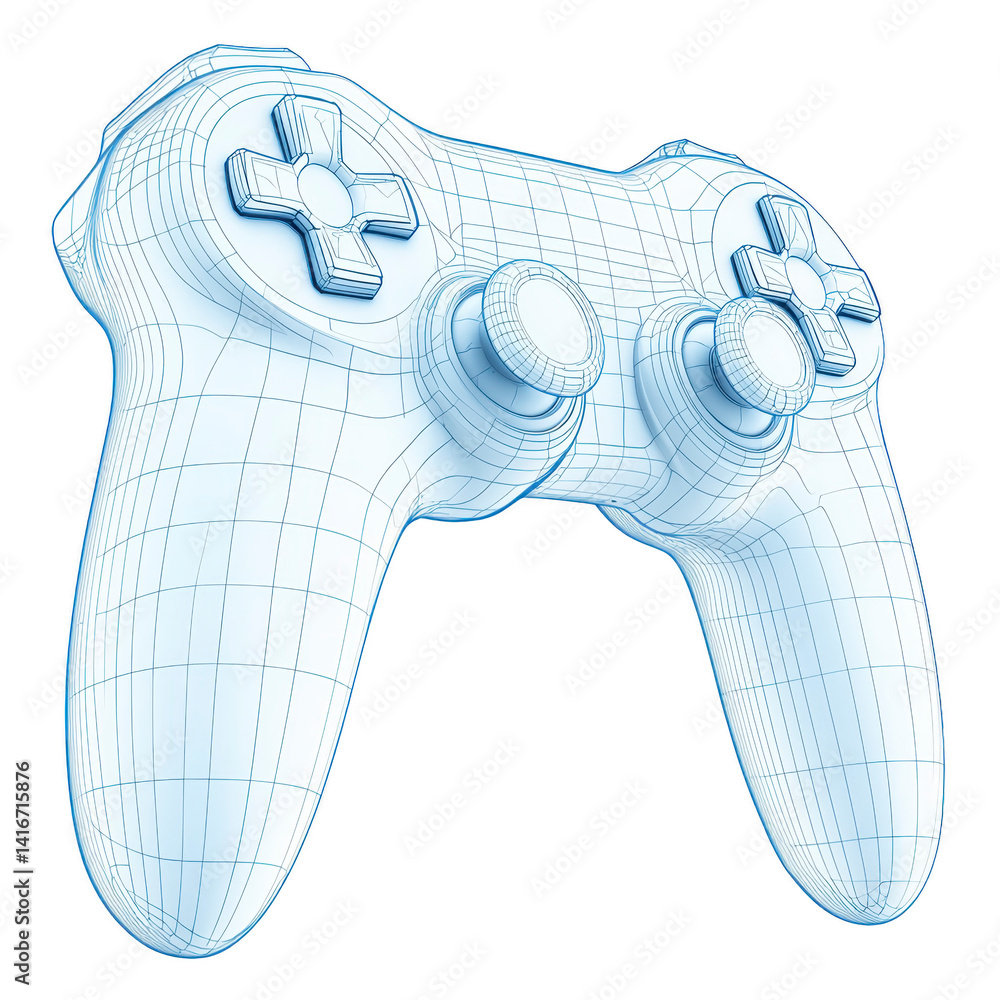 Poster 3d wireframe model of video game controller showcases intricate design details, highlighting buttons