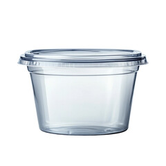 Clear plastic food container with a fitted lid. Perfect for storing and transporting food. Isolated on white background