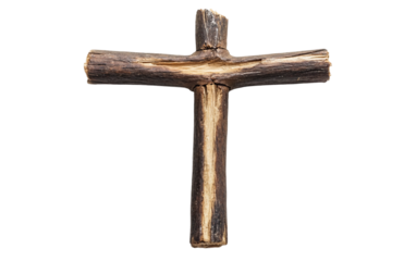A small handcrafted wooden crucifix with a faint ash smudge at its center Isolated on transparent background.
