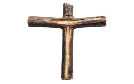A small handcrafted wooden crucifix with a faint ash smudge at its center Isolated on transparent background.