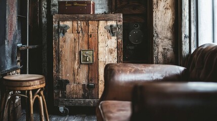 Vintage lounge corner with leather armchair and rustic decor