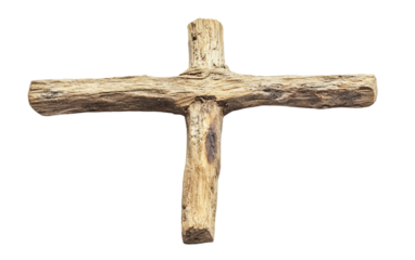 A simple wooden crucifix bearing a light smudge of ashes from Ash Wednesday Isolated on transparent background.