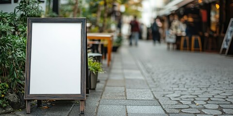 A white sign is on the sidewalk in front of a row of tables
