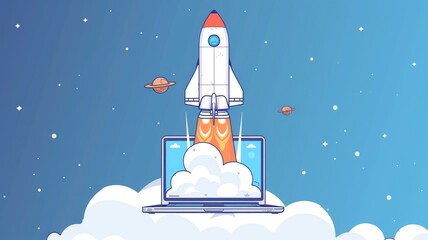 Space shuttle launching from laptop surrounded by clouds in space. Abstract artwork of white rocket launching with white smoke from laptop. Digital art for design and print. Cosmic concept. AIG53.