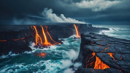 Lava Flowing Into Ocean Near Cliffside