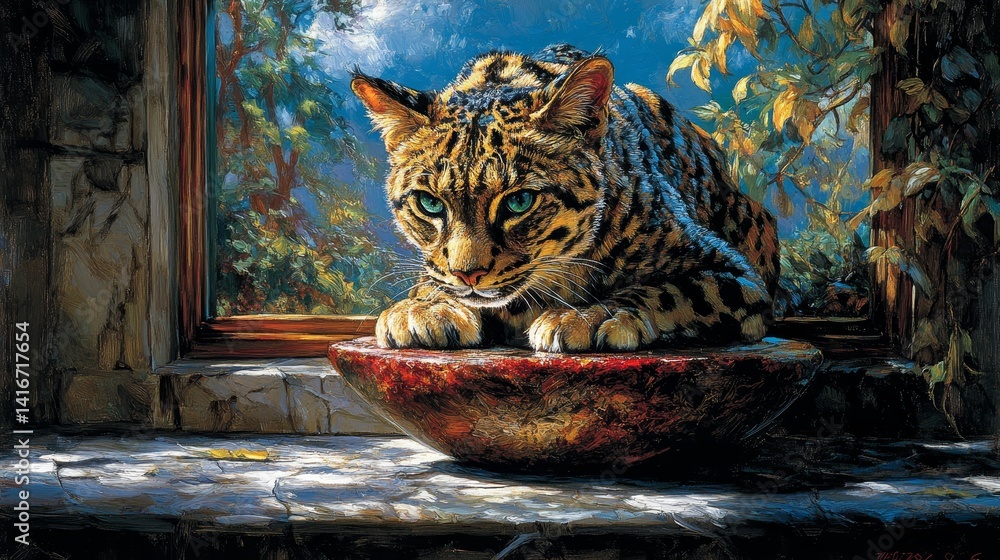 Poster artistic depiction of a jaguar cub in a window seat basks in the warmth of soft lighting observing p