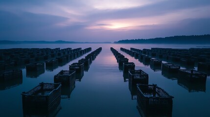 Obraz premium Oyster Farming Baskets in Water at Sunrise with Foggy Horizon View