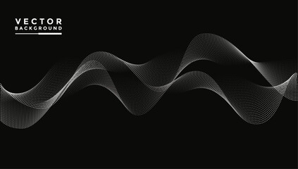 Smooth wavy lines, bright white, gray, black. The composition of waves is small dots, black background, designed with soft yet luxurious textured materials.