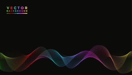 Smooth wavy lines, bright red, pink, blue, yellow, green, purple, orange. The composition of waves is small dots, black background, designed with soft yet luxurious textured materials.