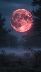Fototapeta premium Misty Forest Illuminated by Crimson Radiance of a Rising Red Moon in Macro Detail
