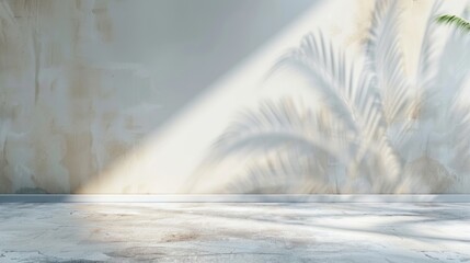 Tropical palm leaves shadow on a light blue wall. Background image of gray wall decorated with green leaves and shadow reflect on the wall. Nature-inspired background with copy space. Minimal. AIG55.