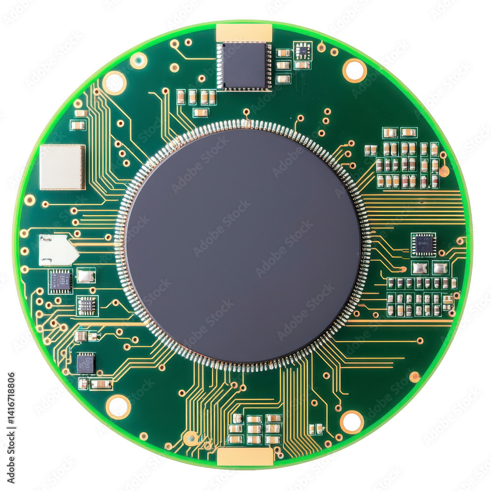 Poster circular green circuit board with intricate gold pathways and various electronic components, includi