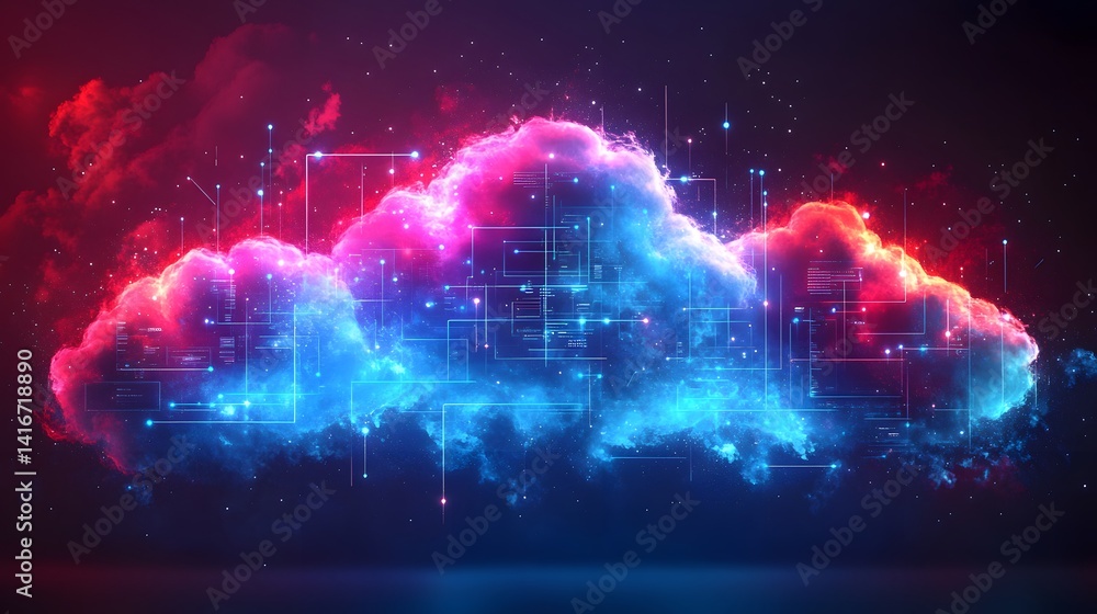 Poster neon cloud computing illustrates data networks.