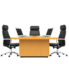 modern office setup featuring wooden conference table surrounded by three black ergonomic chairs, each with laptop open, creating professional and collaborative workspace