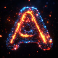 Glowing Letter A with Digital Circuitry and Bokeh Lights on Dark Background