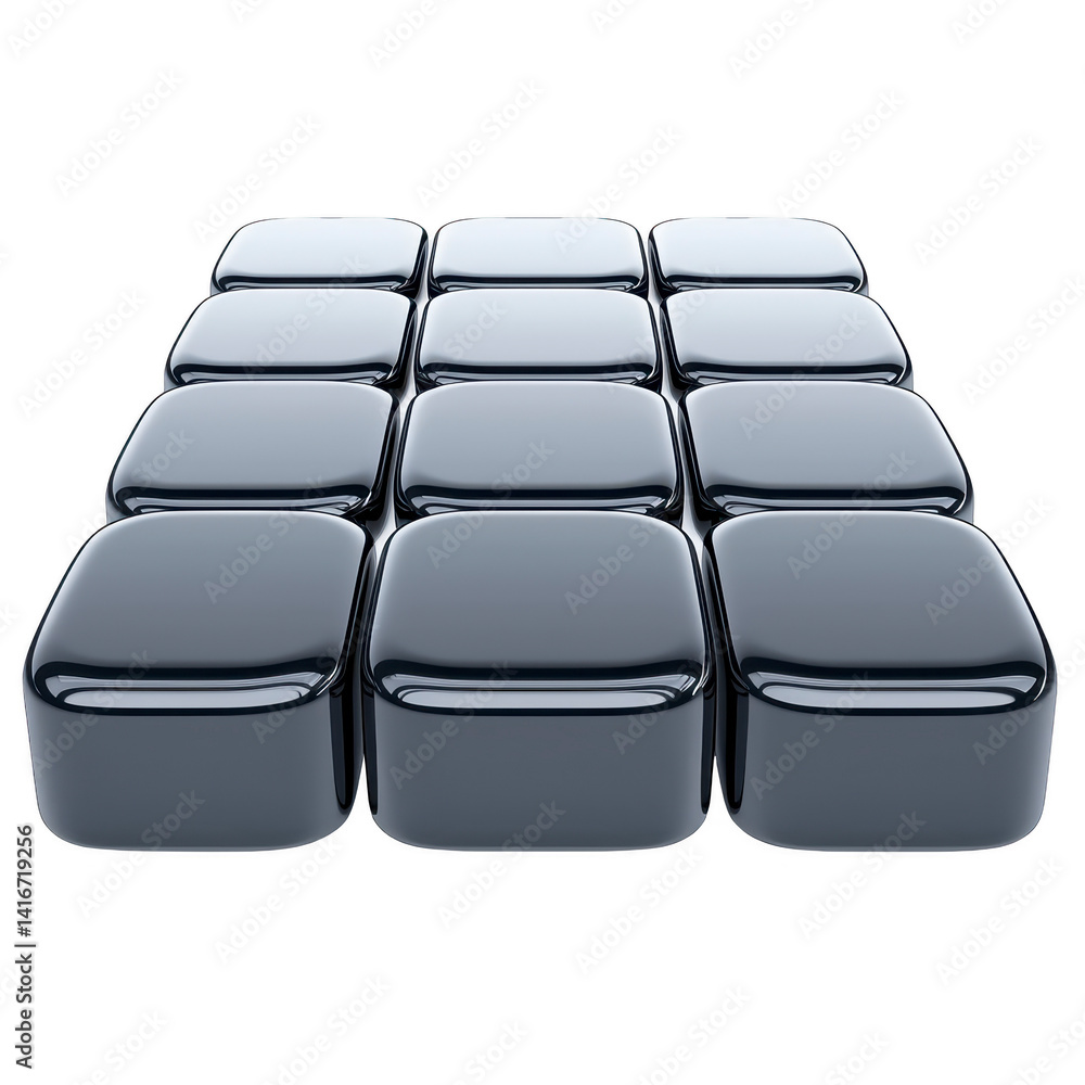 Poster grid of glossy, black, rounded cubes is arranged in 3x3 pattern, reflecting light and creating sleek