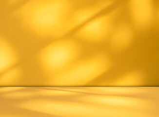 Yellow background wall gradient orange color studio room solid podium with shadow leaf on floor,...