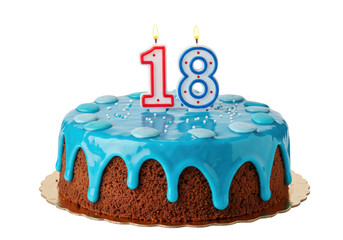 Isolated 18th Birthday Cake with Blue Icing and Candles for Celebration