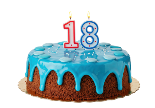 Isolated 18th Birthday Cake with Blue Icing and Candles for Celebration - Powered by Adobe