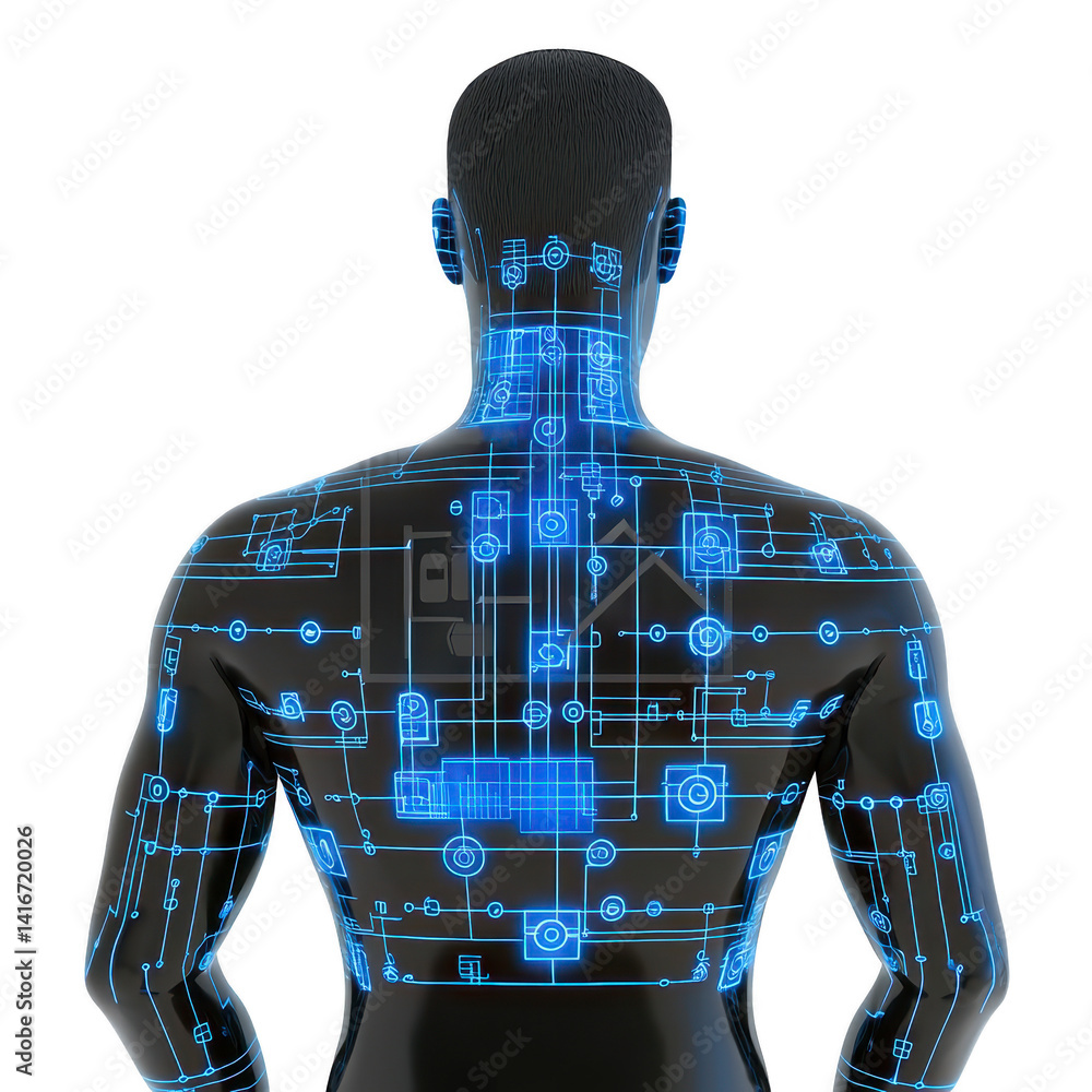 Poster digital illustration of human figure with futuristic circuit pattern glowing in blue, symbolizing te