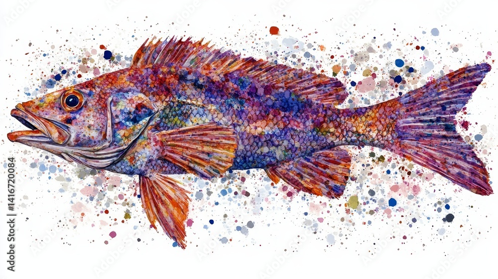 Poster artistic fish artwork showcasing watercolor textures with dynamic splash effects creating a visually