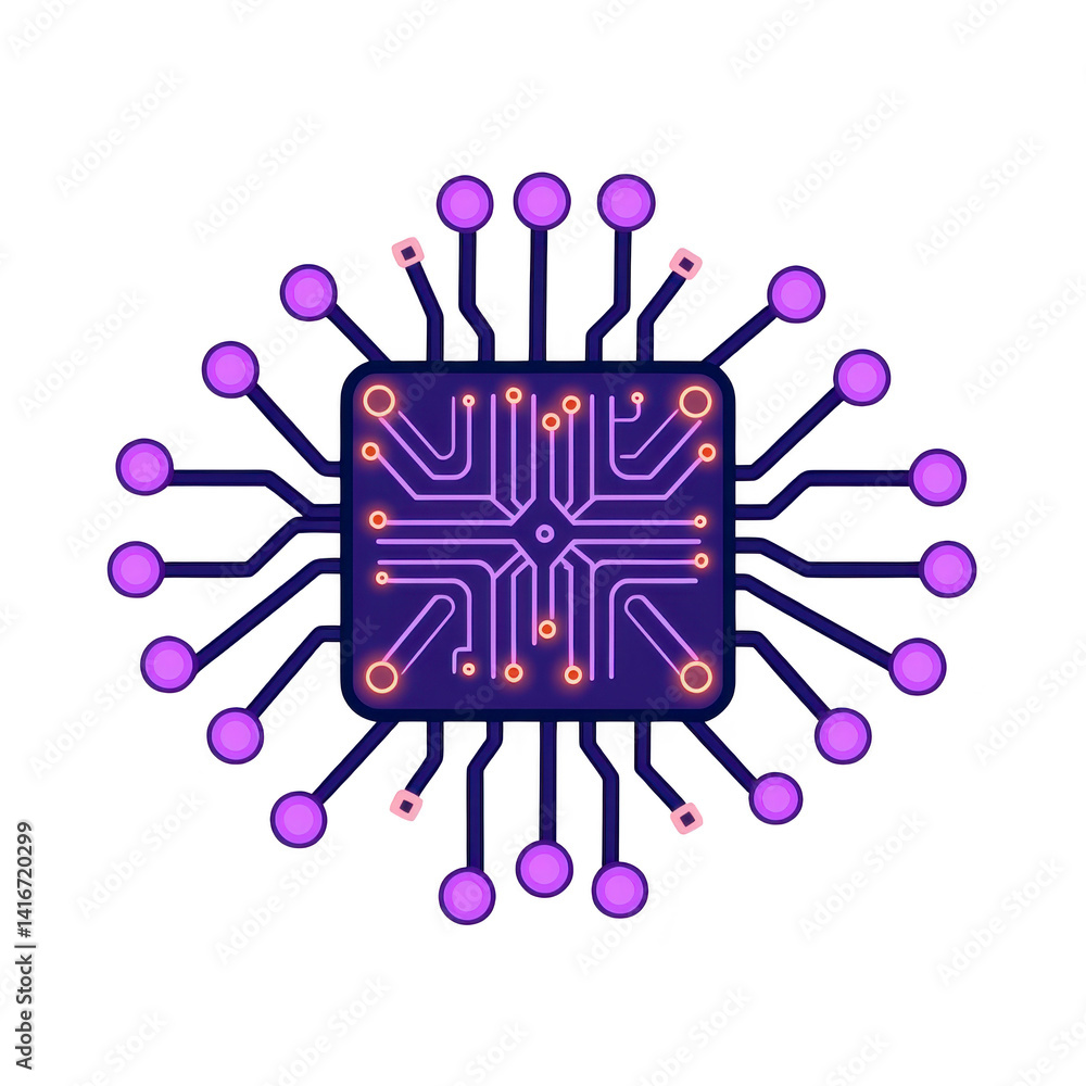 Poster glowing purple circuit board design with interconnected lines and nodes, resembling microchip, symbo