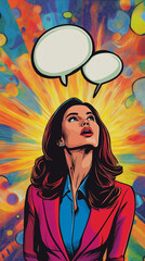 A woman in a vibrant red blazer gazes upward, lost in thought amidst a colorful explosion of ideas and speech bubbles, a dynamic pop art style portrait.
