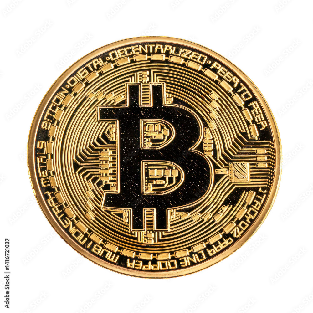Poster shiny gold coin featuring prominent b symbol, representing digital cryptocurrency. intricate design 