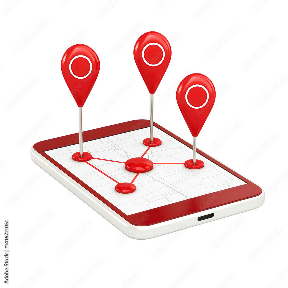 Poster digital tablet displays map with three red location pins, symbolizing navigation and connectivity. p