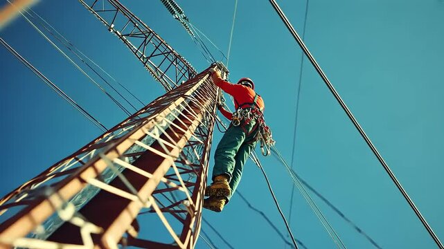 High-Voltage Lineworker Ascending a Transmission Tower