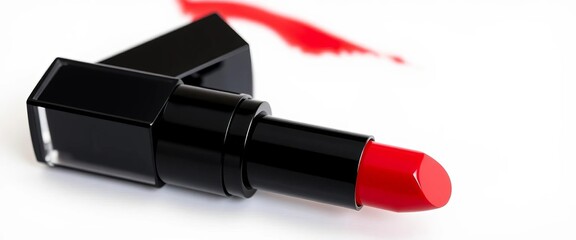 Sleek black lipstick tube, bold red lipstick, elegant, glamorous, white background, red lipstick, elegance