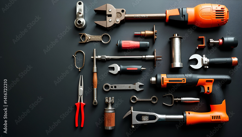 Poster extensive hardware tools display: engineered instruments & durable components for professional repai