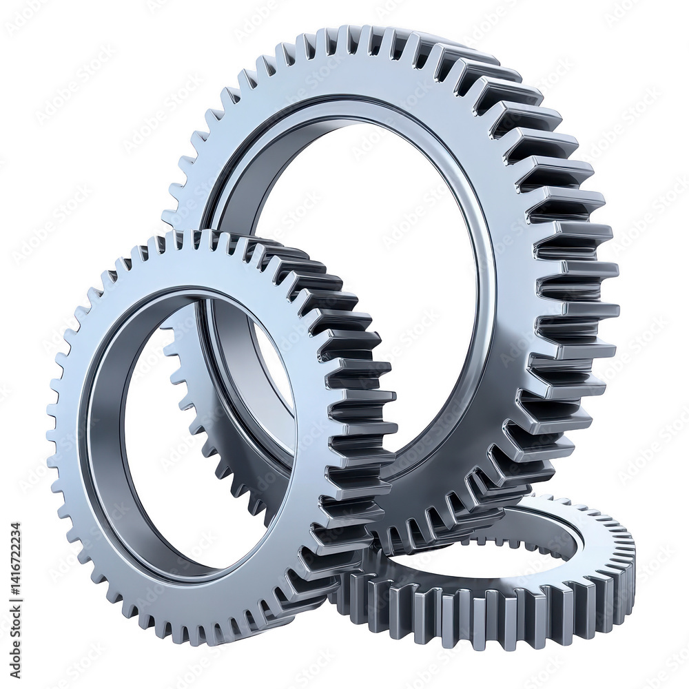 Poster three interlocking metallic gears with shiny silver finish are depicted, symbolizing teamwork and pr
