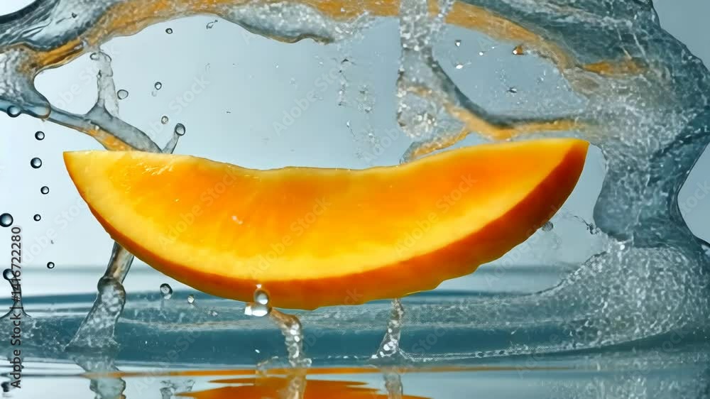 Poster Mango slice splashing into water.