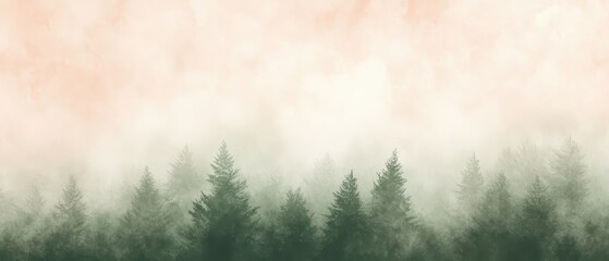 Forest landscape with misty fog in the morning, tall pine trees silhouette against soft pastel sky, tranquil nature scenery for relaxation and meditation.