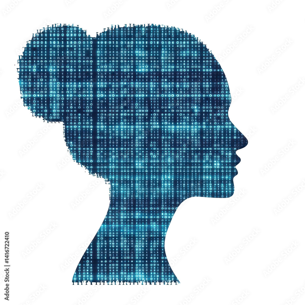 Poster digital silhouette of woman profile is filled with binary code, symbolizing intersection of technolo