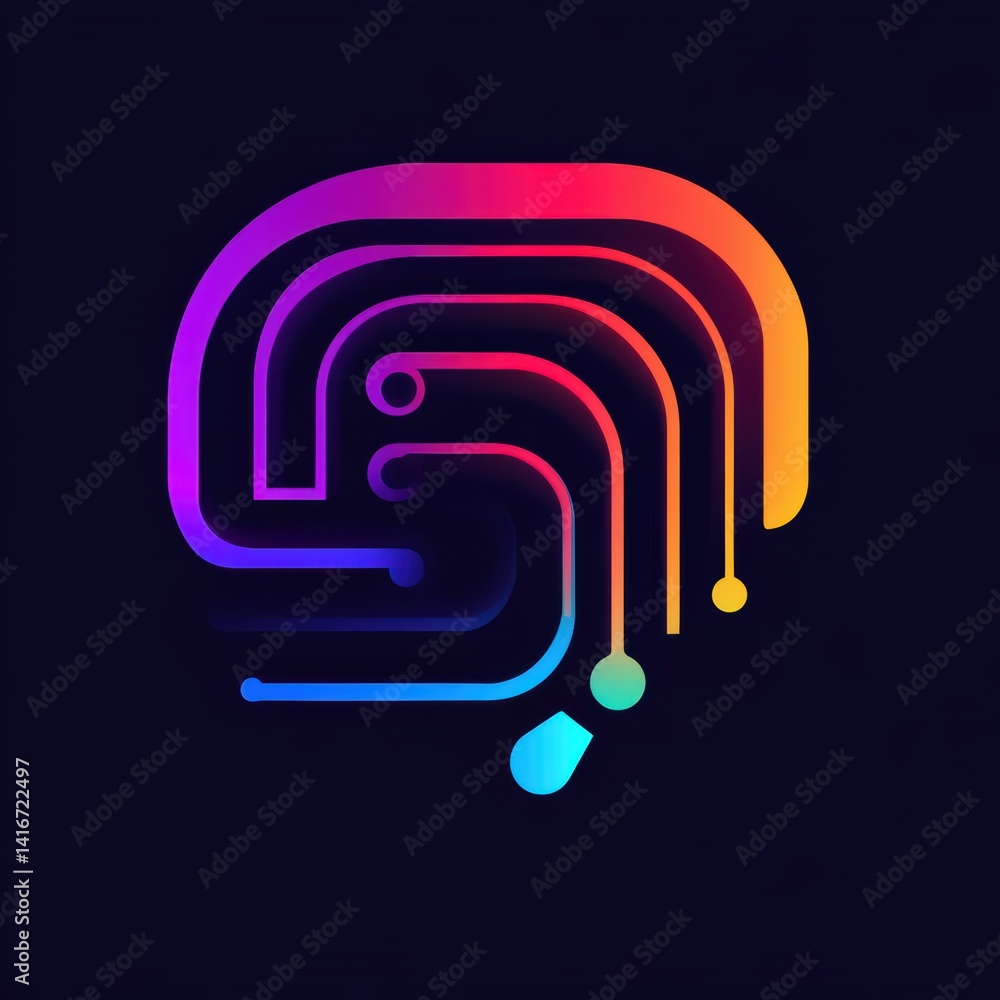 Aufkleber abstract brain logo design: tech circuit concept with vibrant gradient colors on dark background