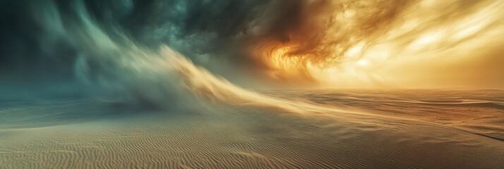 A stormy sky with a bright orange sun in the background