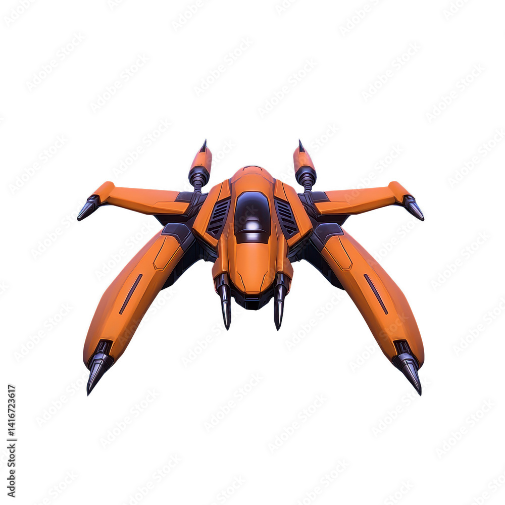 Poster futuristic orange spaceship with sleek design and aerodynamic features, showcasing advanced technolo