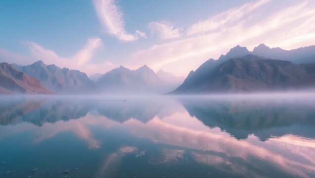Mountain reflected in lake water with fog and clouds