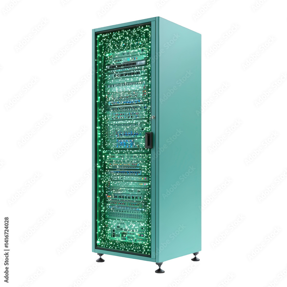 Poster tall, sleek server rack stands with glowing green lights, indicating active data processing. modern 