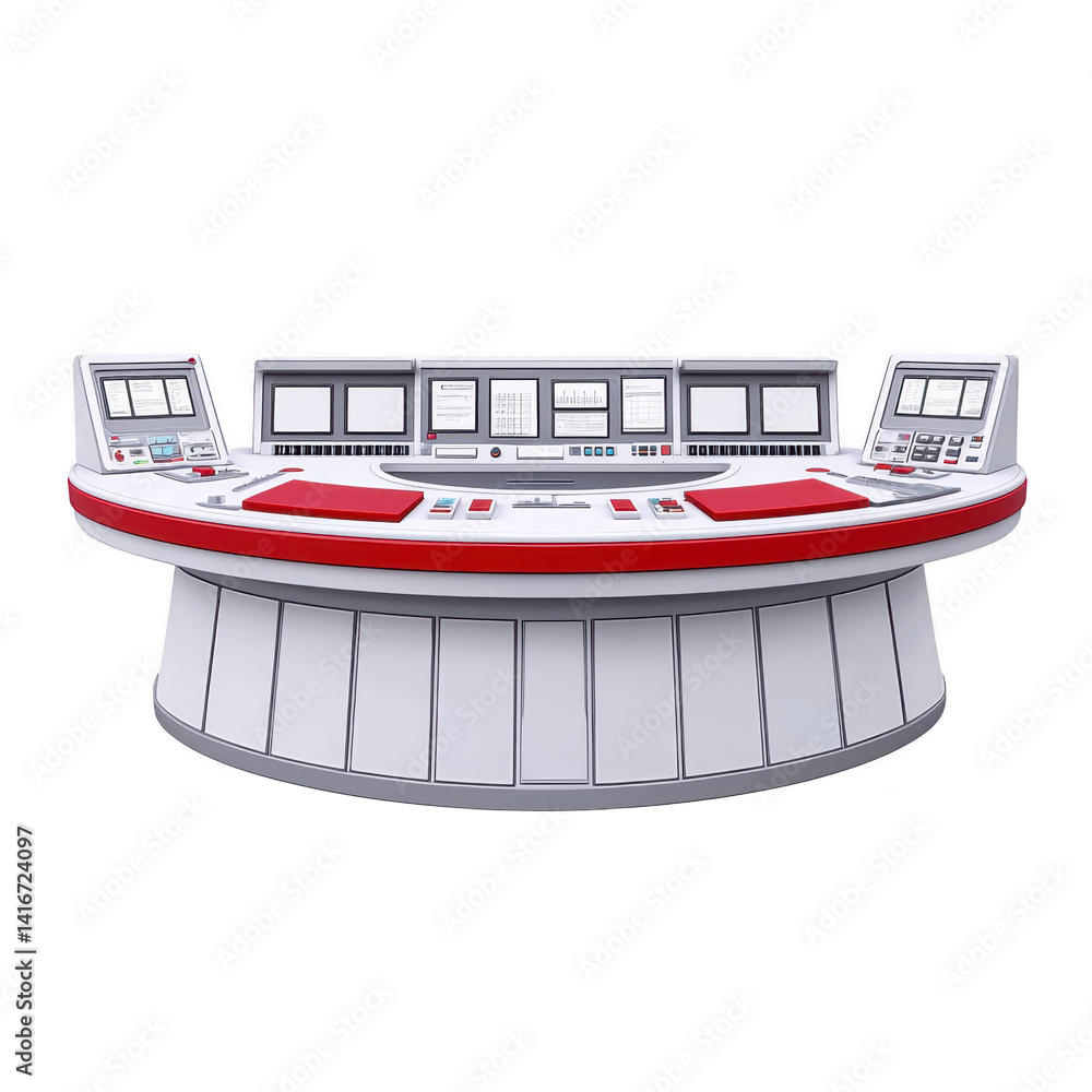 Poster futuristic control panel with multiple screens and buttons, featuring sleek design and red accents, 