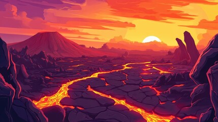 A lava flow is seen in the foreground of a desert landscape