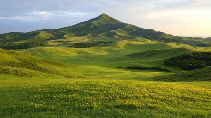 Fototapeta premium Serene mountain landscape vibrant green hills and tranquil meadow