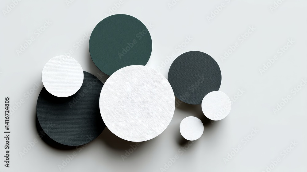 Poster collection of white and black circles on a white background. the circles are of different sizes and 