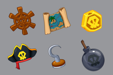 Pirate icons-Hat, coin, treasure map, pirate hook, wooden Helm and Bomb. Game icons in vector cartoon style.