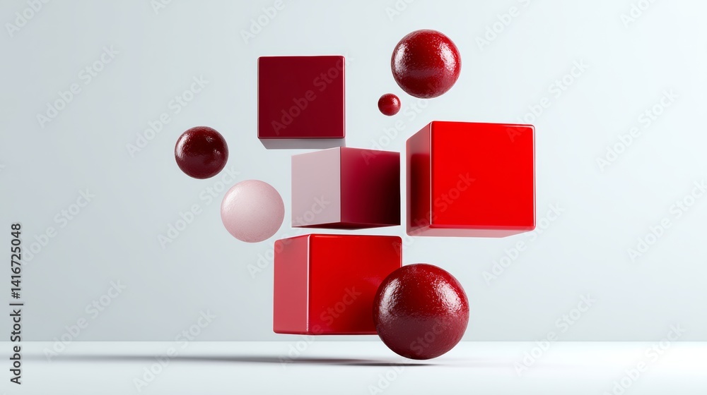 Poster red cube with a red ball in the middle. the cube is surrounded by other red cubes and balls